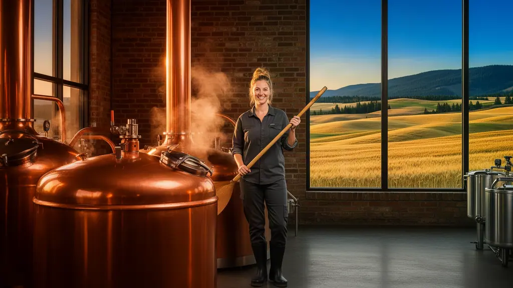 Smiling brewer holding a wooden mash paddle beside gleaming copper kettles, golden wheat hills through tall windows